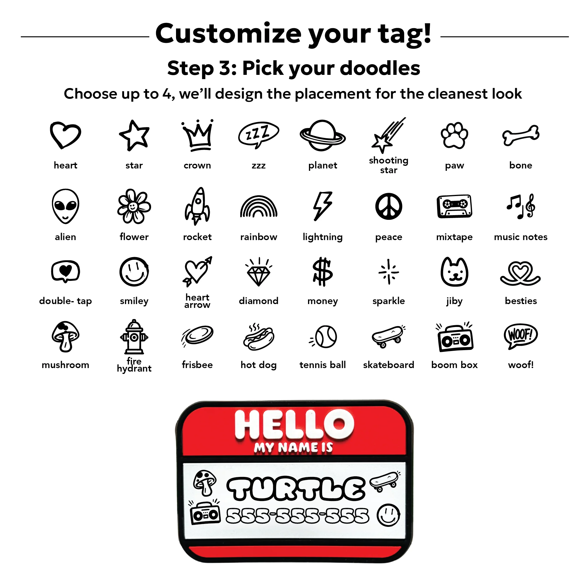 Hello My Name Is Dog Tag with Doodles | Slide-On Silicone ID Tag - Image 3