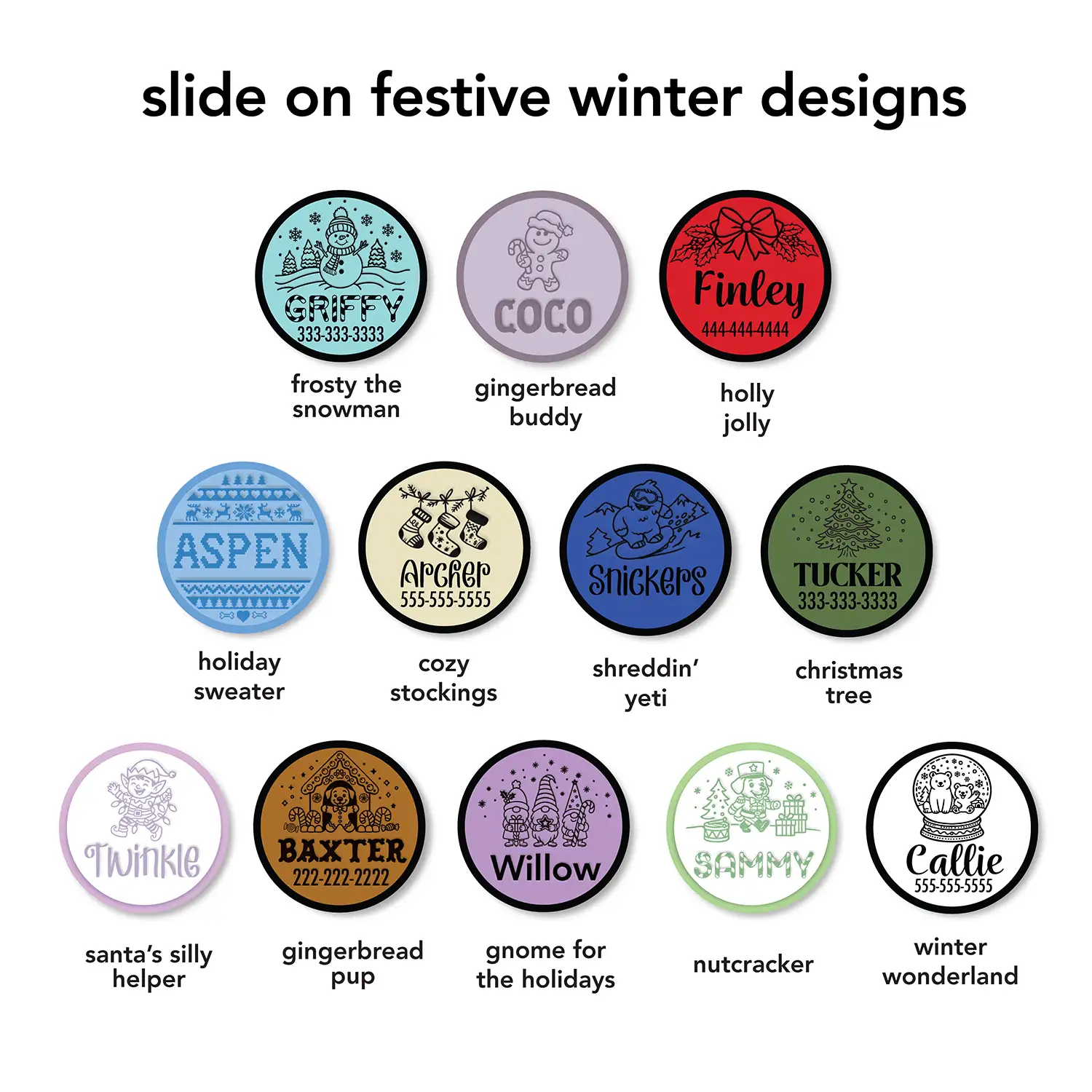 Slide-On Pet ID Tag | Festive Holiday Designs